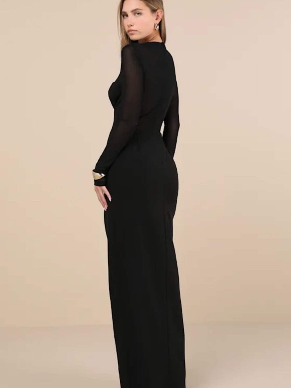 Lulu's Black Long-Sleeve Sheer Panel High-Slit Gown - Picture 2 of 3